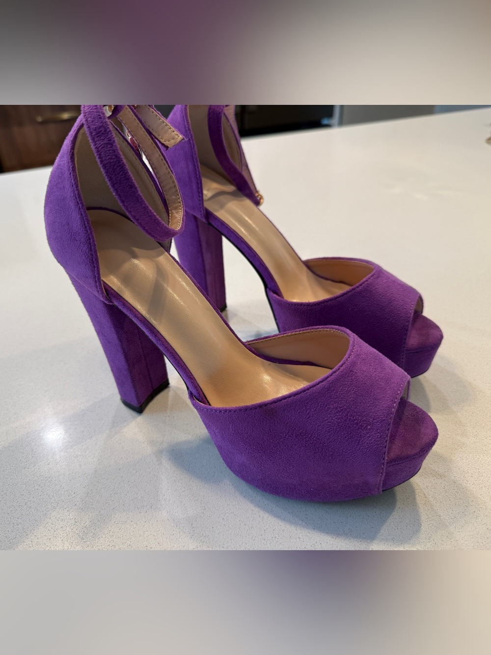 Purple Suede Platform Block Heels with Ankle Strap